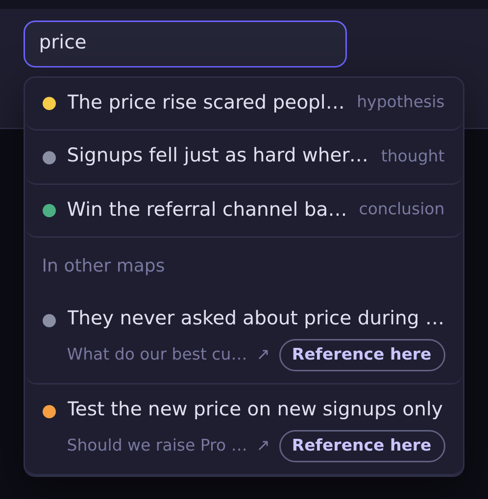 Searching for price: three matches on the current map, then matches in other maps such as What do our best customers have in common and Should we raise Pro to $12
